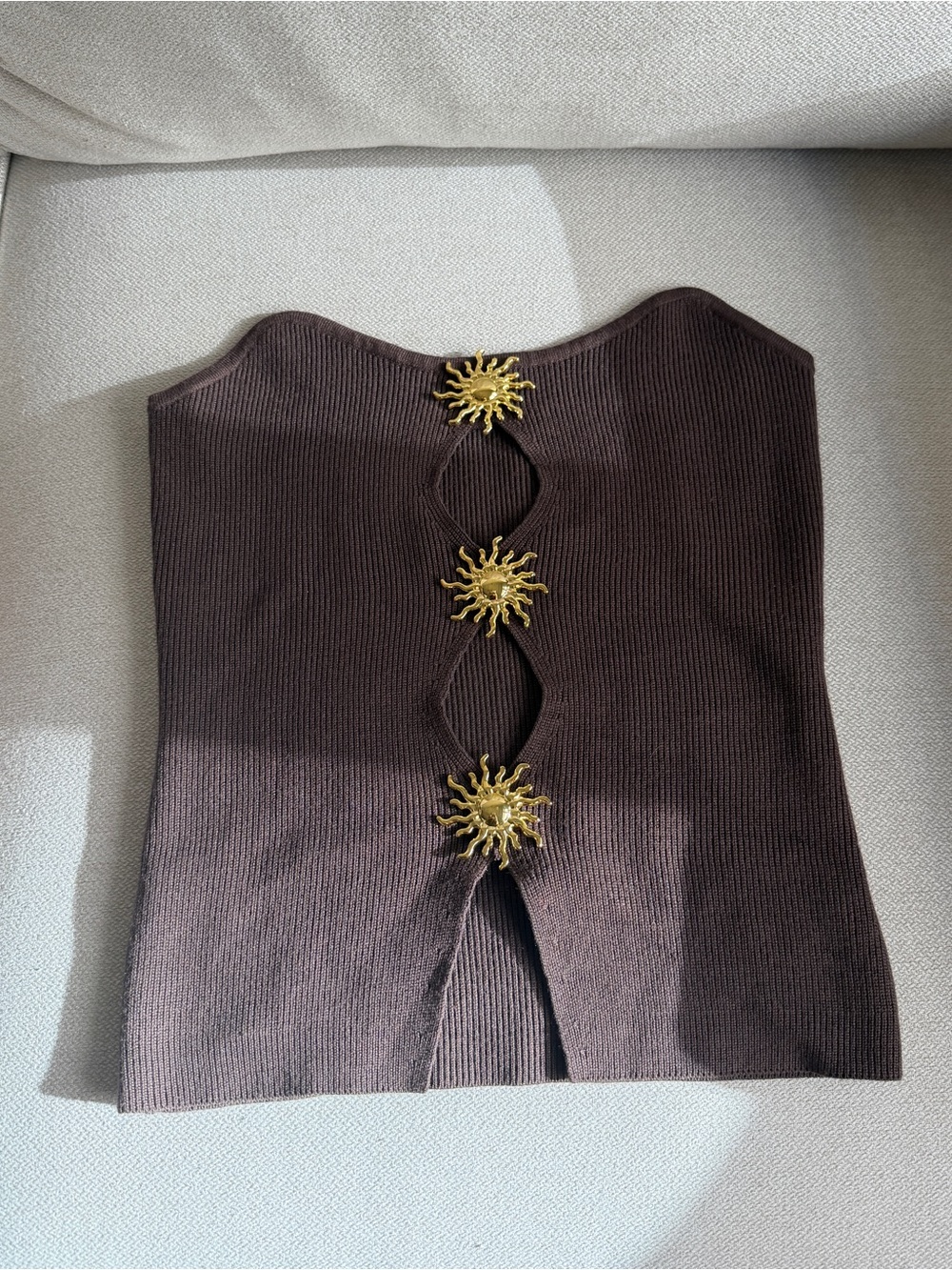 Commense Chocolate Brown Strapless Knit Top with Gold Sun Accents